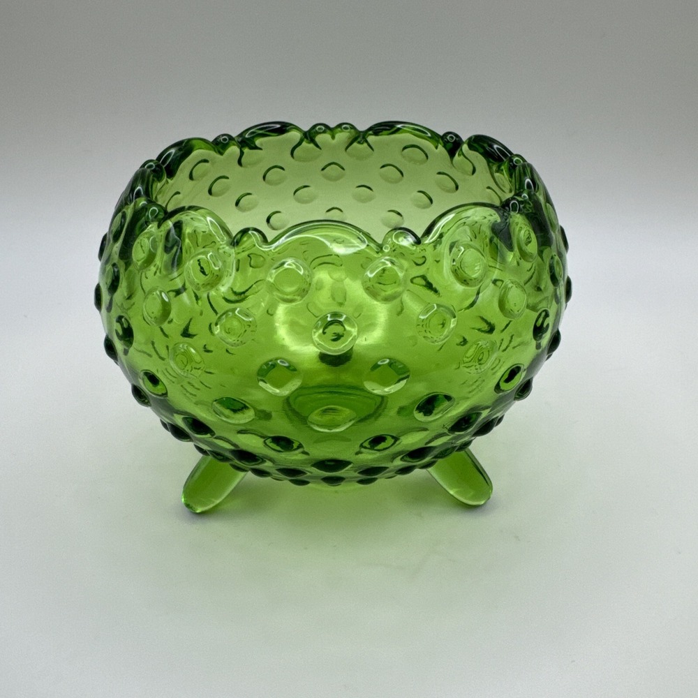 Vintage Mid Century LE Smith Glass Green Hobnail Rose‎ Bowl Dish Vase 3 Footed